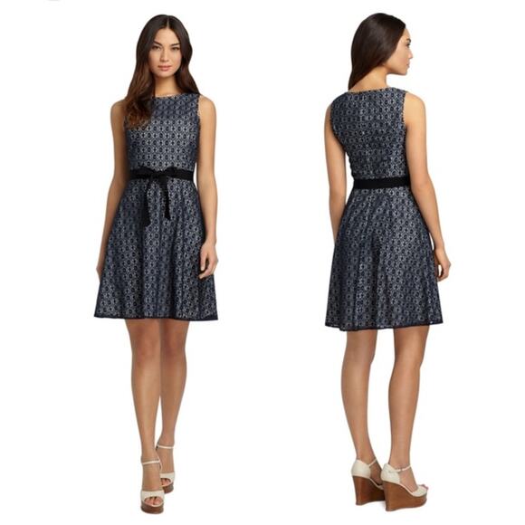 Lace Eyelet Belted A-Line Dress